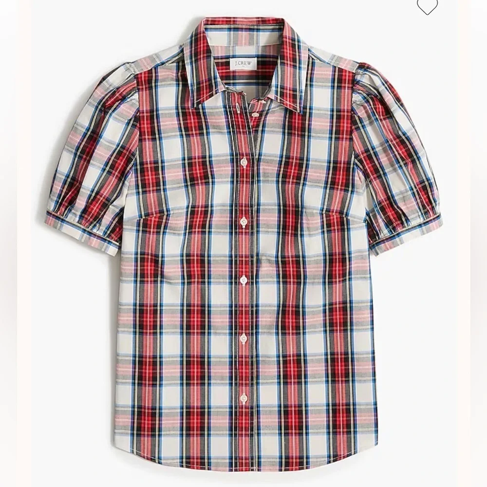 J Crew Puff-sleeve tartan button-up shirt Blouse Top Plaid Academia Preppy